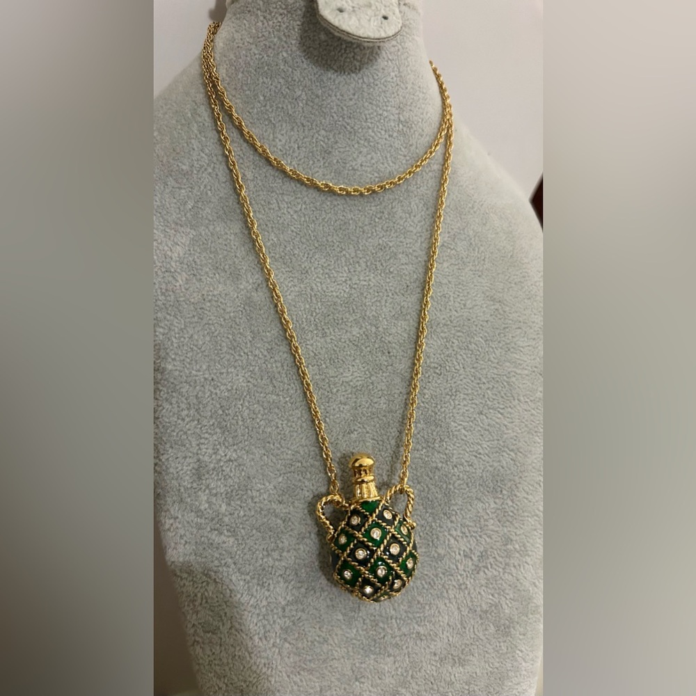 Vintage Avon Green Enamel and Rhinestone Jug Pendant Necklace